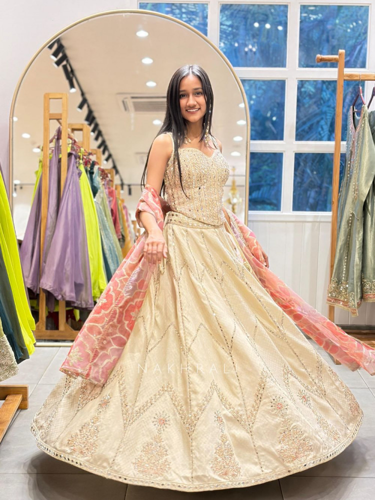 Image of Darpan Pink Silk Corset Lehenga with Mirror Work