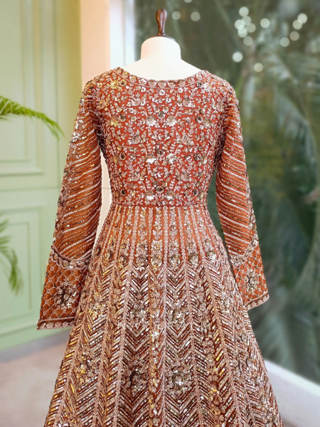 Burnt Gold Orange Indo-Western Lehenga with Zari, Sequin and Beads Work