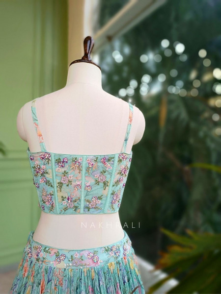 Aarvi Blue Floral Printed Lehenga with Sequin Corset Blouse