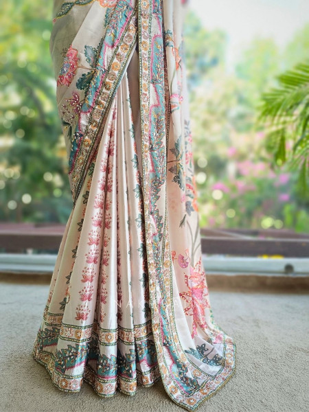 Shreeja Cream Saree with Floral Print and Sequin Work