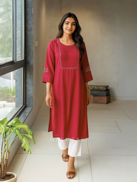 Naira Maroon Cotton Kurta with Pleated Neck and Embroidery
