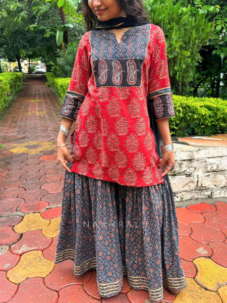 Sargam Red Cotton  Gharara Suit Set With Ajrak-Inspired Print & Contrast Panel Detail