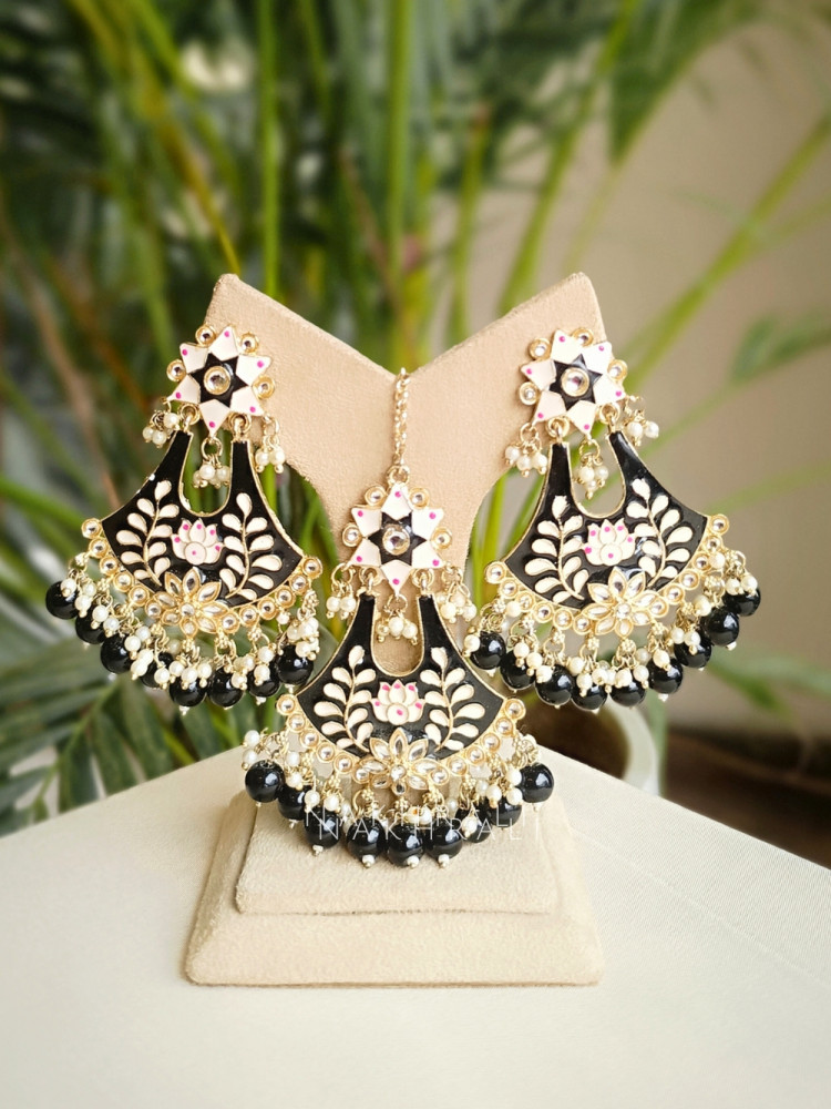 Image of Zynara Black Enamel Earring &amp; Tikka Set