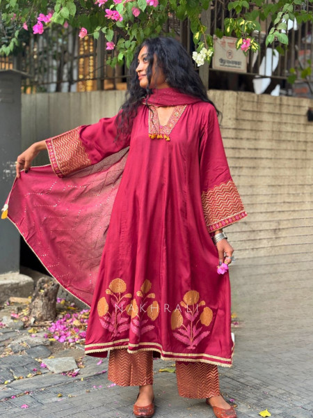 Madhura Maroon Cotton Suit Set with Printed Border Detail