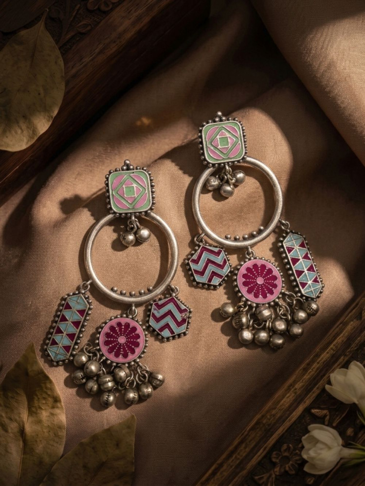 Image of Phulwari Multicolor Oxidised Hoop Earrings Geometric Enamel &amp; Ghungroo Detail