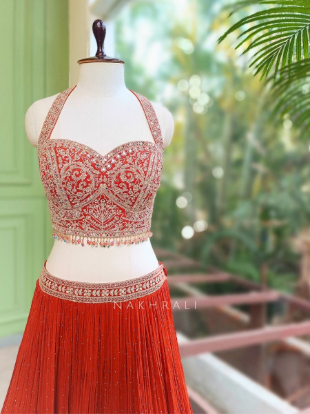 Kesari Noor Orange Indo Western Lehenga with Mirror Stone Embroidery
