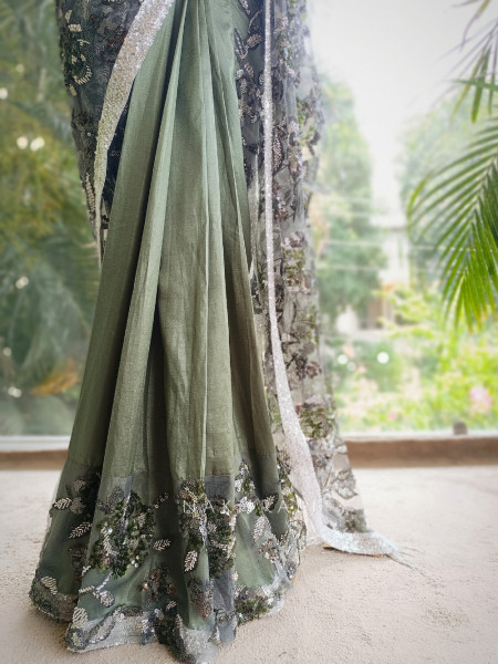 Emerald Glade Green Drape Saree with Sequin and Cut Dana Work