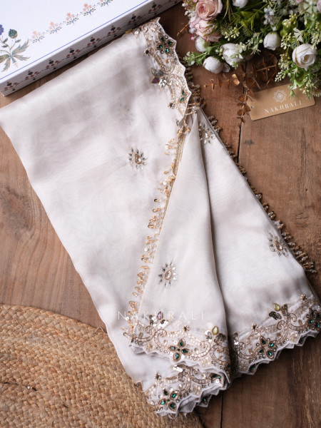 Marrakesh Noor Cream Saree with Readymade Blouse And Cutdana Mirror Work