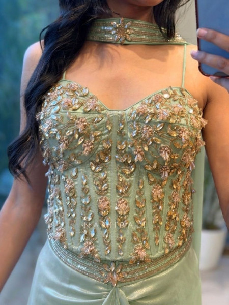 Lustreline Pista Green Satin-Blend Indo-Western Crop Top Skirt Set