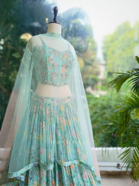 Aarvi Blue Floral Printed Lehenga with Sequin Corset Blouse
