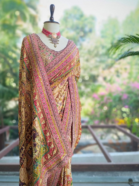Prajakta Cream Saree with Mirror and Stone Work