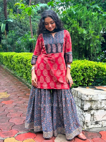 Sargam Red Cotton  Gharara Suit Set With Ajrak-Inspired Print & Contrast Panel Detail