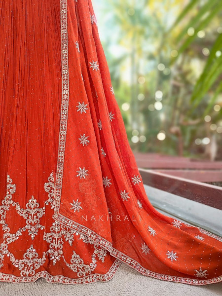 Kesari Noor Orange Indo Western Lehenga with Mirror Stone Embroidery