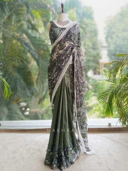Emerald Glade Green Drape Saree with Sequin and Cut Dana Work