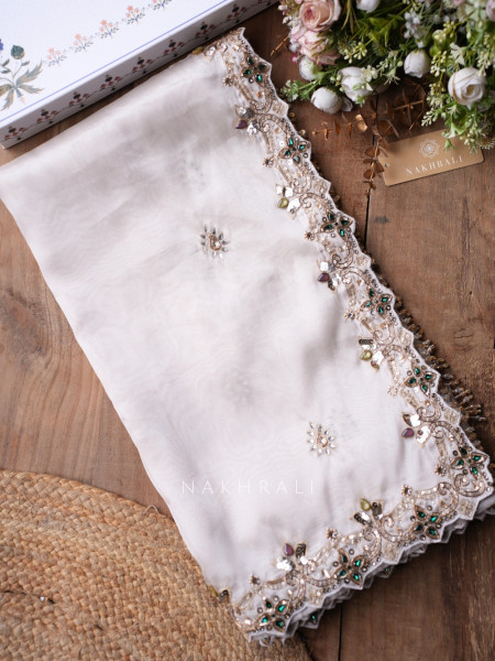 Marrakesh Noor Cream Saree with Readymade Blouse And Cutdana Mirror Work