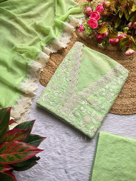 Aira Meadow Green Kota Dress Material with Lace Embroidery