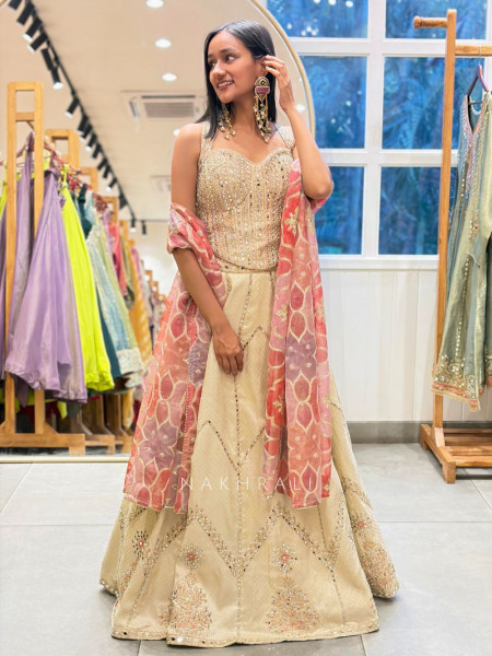 Darpan Pink Silk Corset Lehenga with Mirror Work