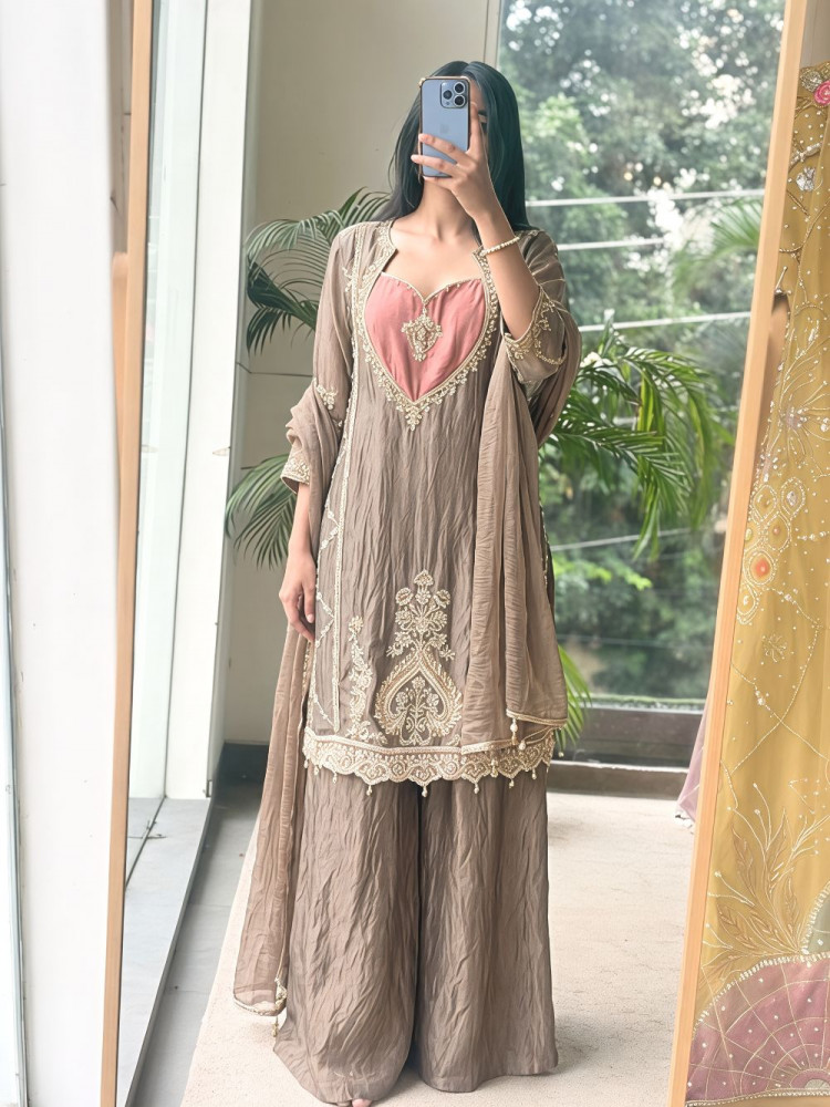 Image of Hridaya Brown Crushed Tissue Silk Suit Set