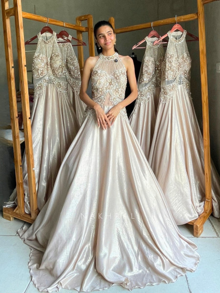Lunessa Beige Shimmer Satin-Silk Indo-Western Lehenga