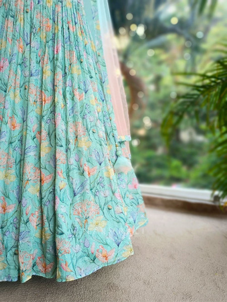 Aarvi Blue Floral Printed Lehenga with Sequin Corset Blouse