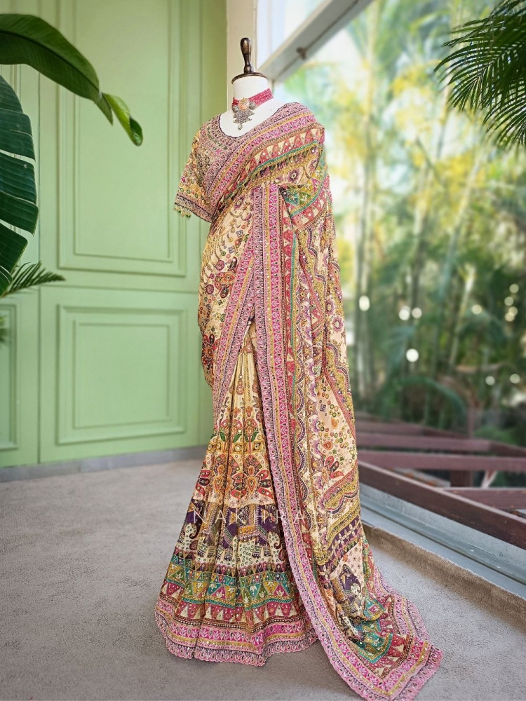 Image of Prajakta Cream Saree with Mirror and Stone Work