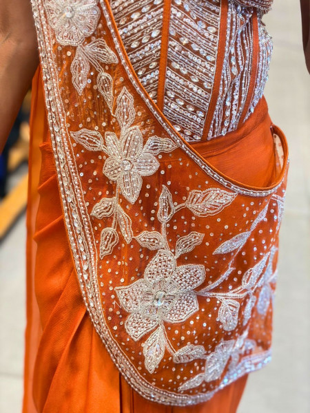 Cocktail Orange Drape Saree with Cut Dana Sequin Bead Work