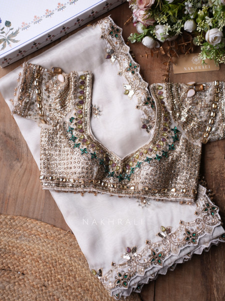 Marrakesh Noor Cream Saree with Readymade Blouse And Cutdana Mirror Work