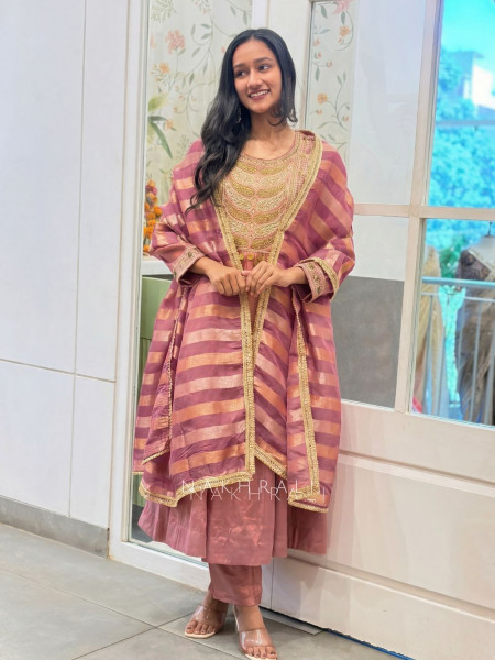 Nakkashi  Purple Suit Set with Embroidery Sequin Work