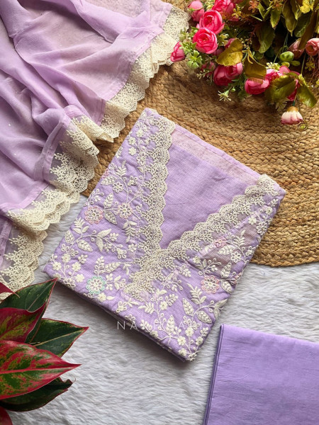 Aira Lavender Bloom Kota Dress Material with Lace Embroidery