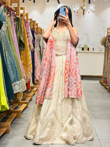 Darpan Pink Silk Corset Lehenga with Mirror Work