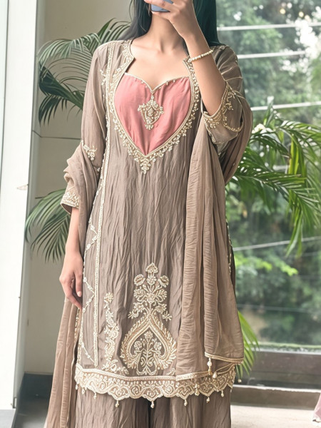 Hridaya Brown Crushed Tissue Silk Suit Set