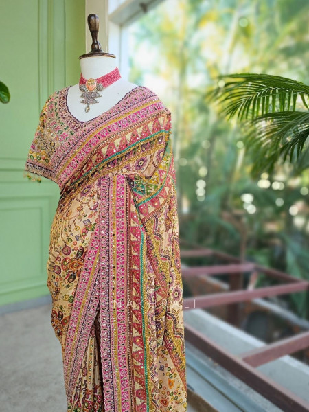 Prajakta Cream Saree with Mirror and Stone Work