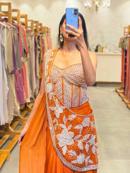 Cocktail Orange Drape Saree with Cut Dana Sequin Bead Work