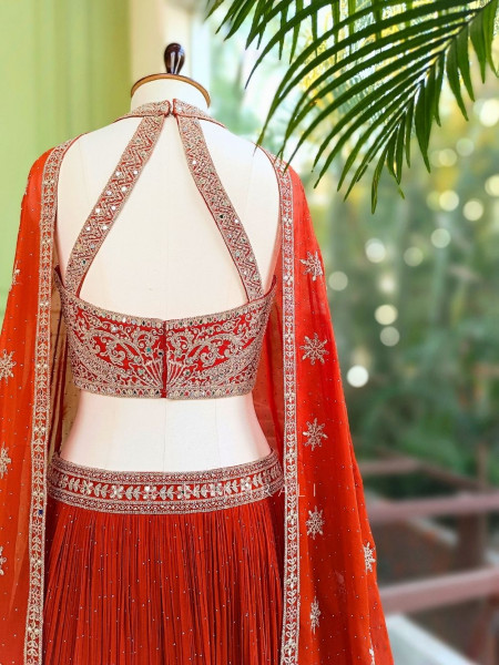 Kesari Noor Orange Indo Western Lehenga with Mirror Stone Embroidery