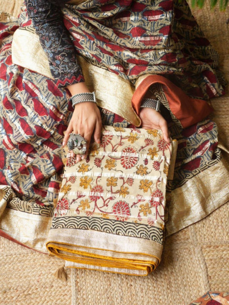 Tarang Beige & Multicolor Saree with Hand Block Print