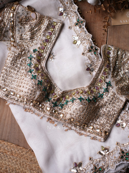 Marrakesh Noor Cream Saree with Readymade Blouse And Cutdana Mirror Work