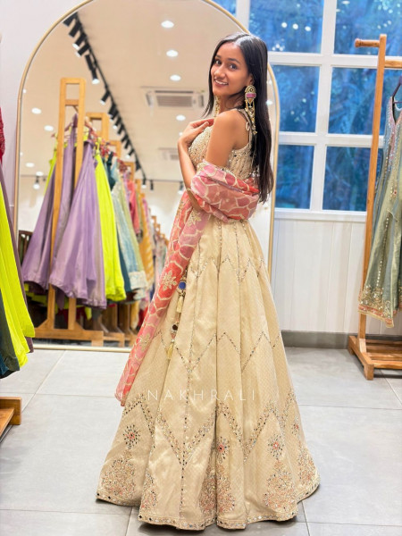 Darpan Pink Silk Corset Lehenga with Mirror Work