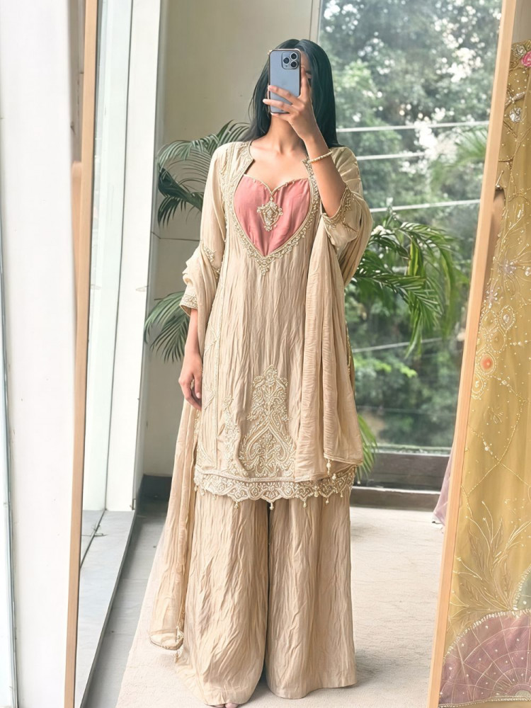 Image of Hridaya chickoo Crushed Tissue Silk Suit Set