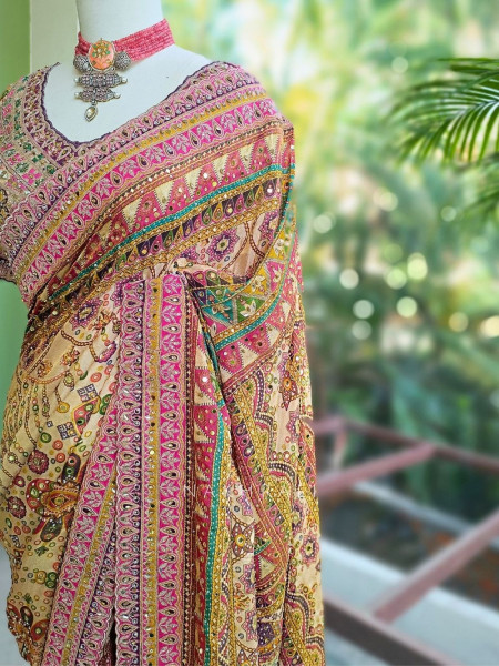 Prajakta Cream Saree with Mirror and Stone Work