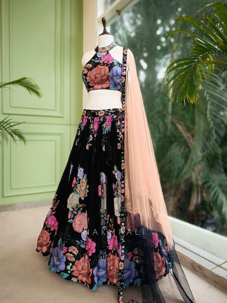 Zyra Black Floral Lehenga with Sequin Embellished Halter Blouse