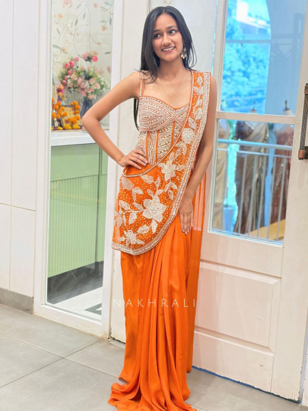 Cocktail Orange Drape Saree with Cut Dana Sequin Bead Work