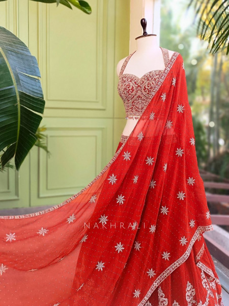 Kesari Noor Orange Indo Western Lehenga with Mirror Stone Embroidery