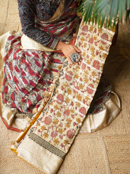 Tarang Beige & Multicolor Saree with Hand Block Print