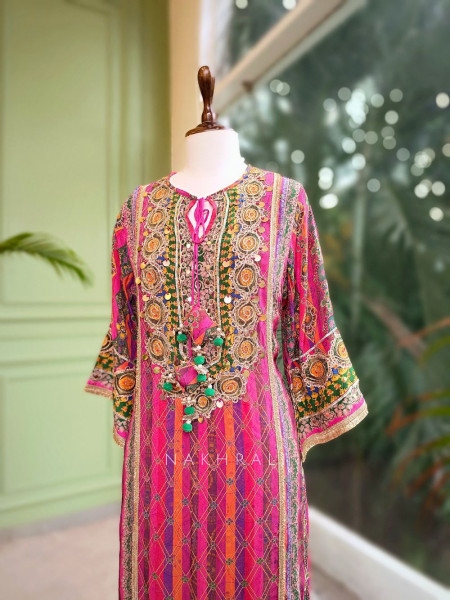 Aabroo Magenta Kurta Palazzo Set with Embroidered Detailing