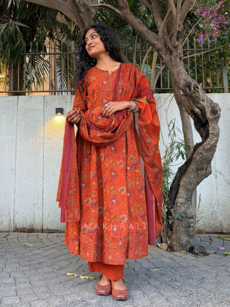 Utsaah Orange Anarkali Set with Printed Dupatta