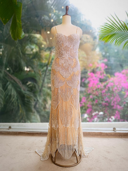 Yvonne Beige Embellished Evening Gown with Pearl Work
