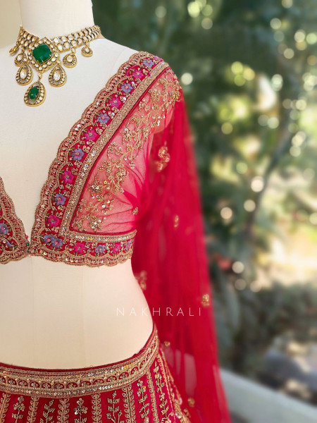 Rajvanya Red Unstitched Lehenga Set with Zari, Bead and Sequin Work