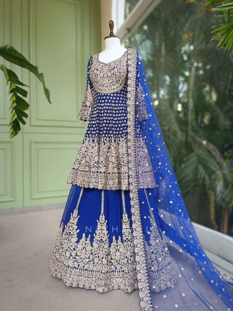 Image of Ruhvika Royal Blue Embroidered Lehenga Set with Mirror and Stone Work