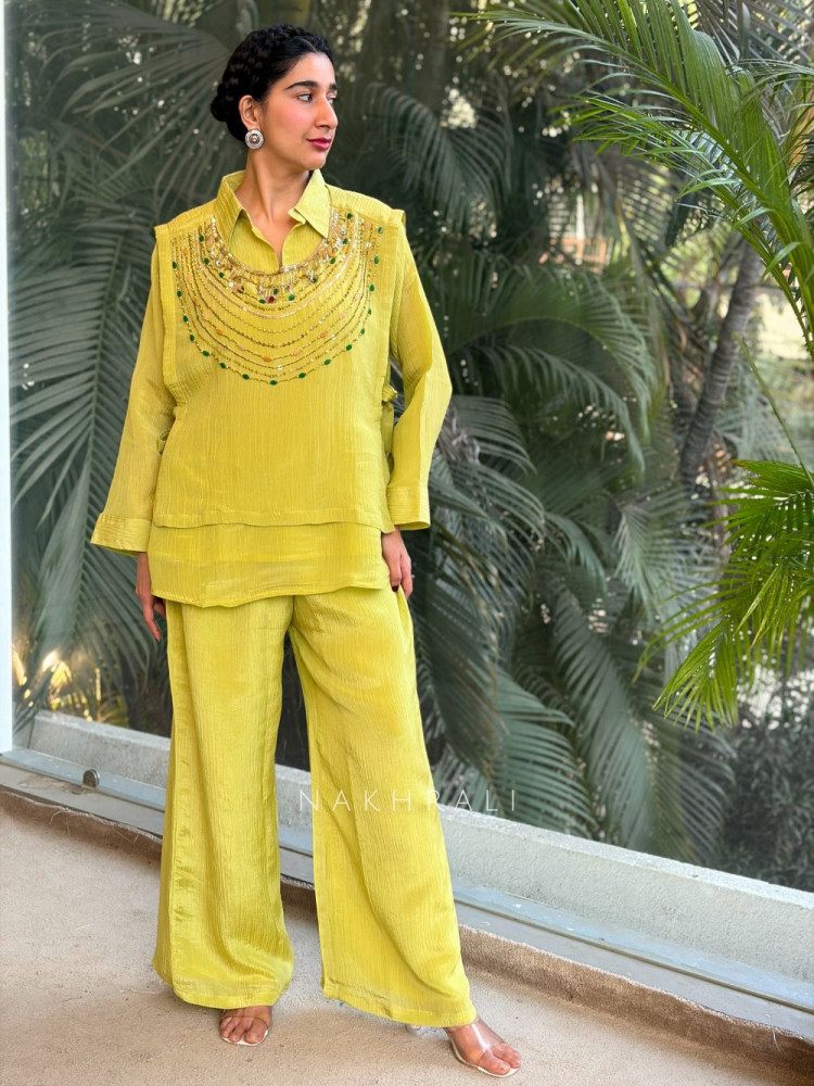 Image of Nyra Green Tissue Indo-Western Layered Palazzo Set