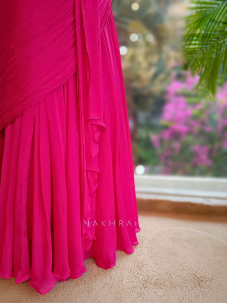 Navira Magenta Indo Western Draped Dress with Zari Cut Dana and Sequin Work